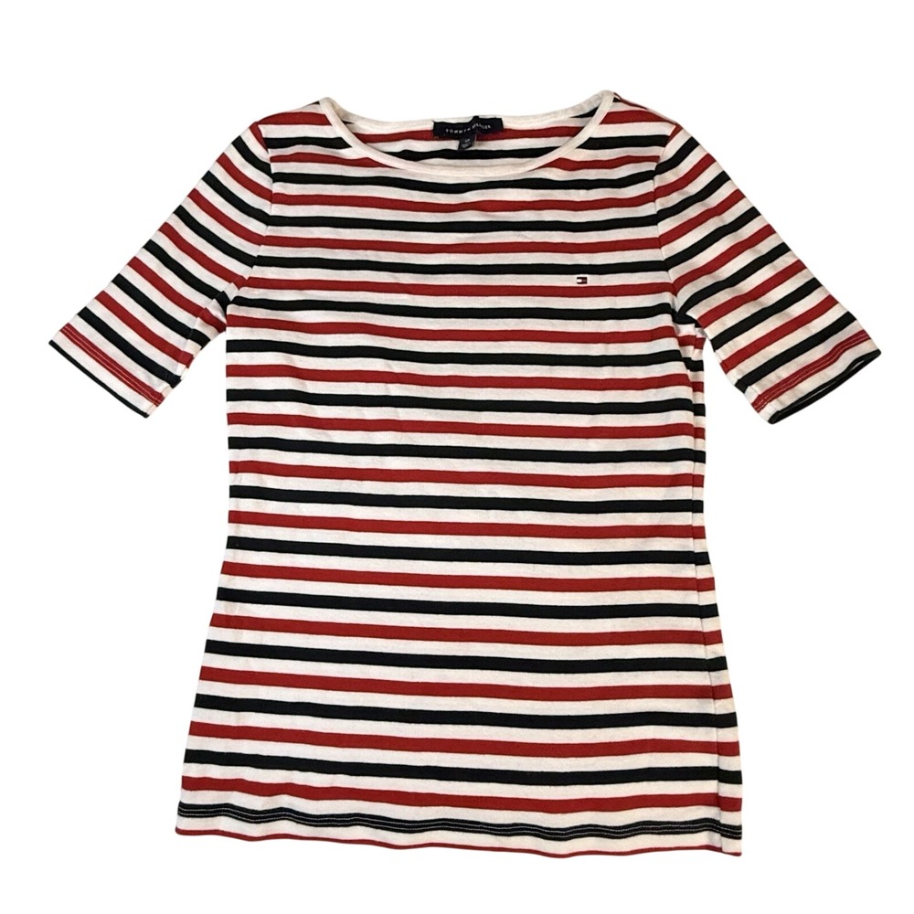 Tommy Hilfiger Striped Top Small‎ Red White Blue Cotton Short Sleeve Patriotic